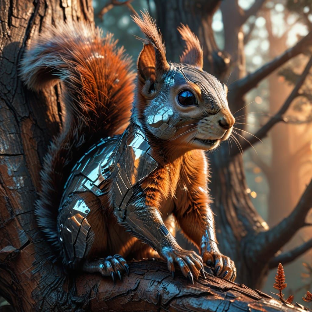 Squirrel in Futuristic Chrome Armor on Tree in Forest