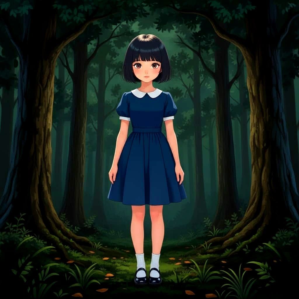 Sad Anime Girl in Pine Forest Watercolor