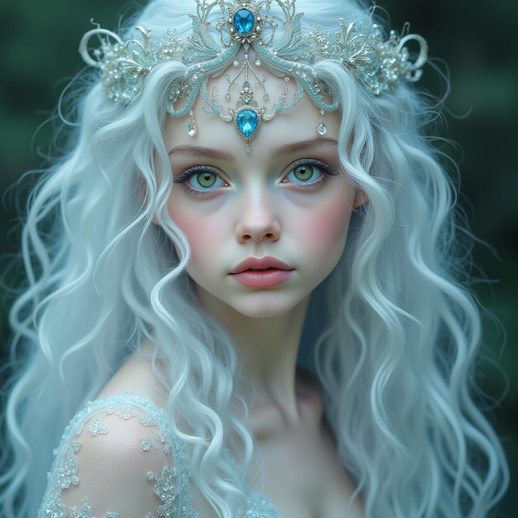 Ethereal Ice Queen with Diaphanous Gown and Sapphire Crown