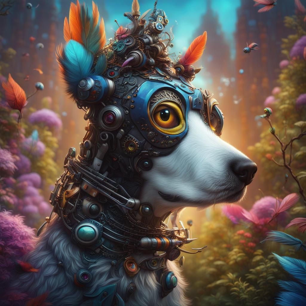 Abstract Robot-Eyed Dog in Whimsical Garden