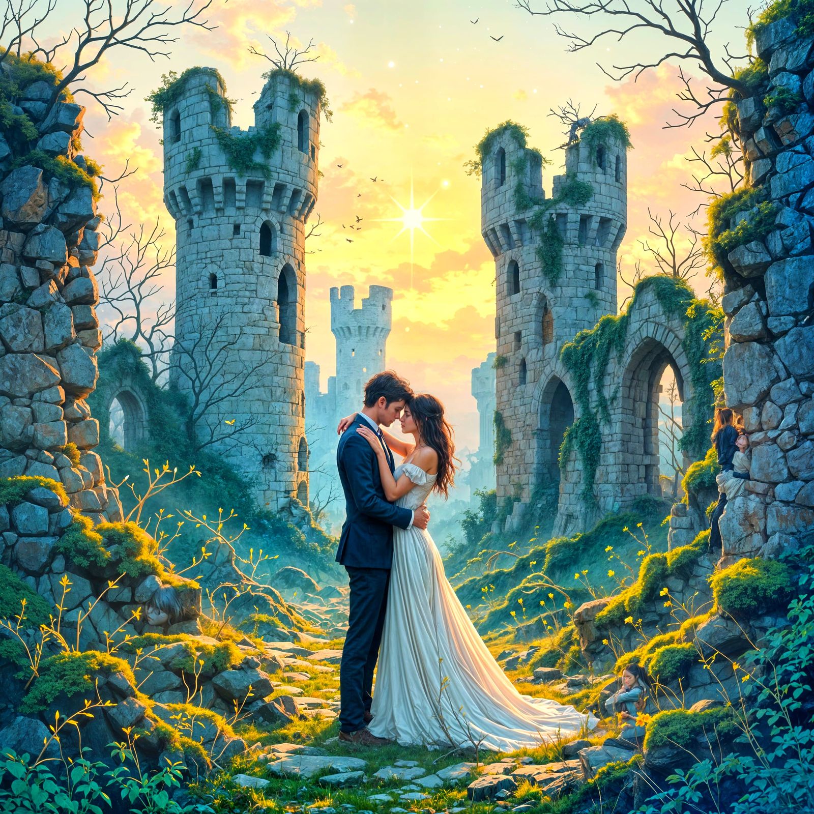 Ethereal Embrace Amidst Castle Ruins