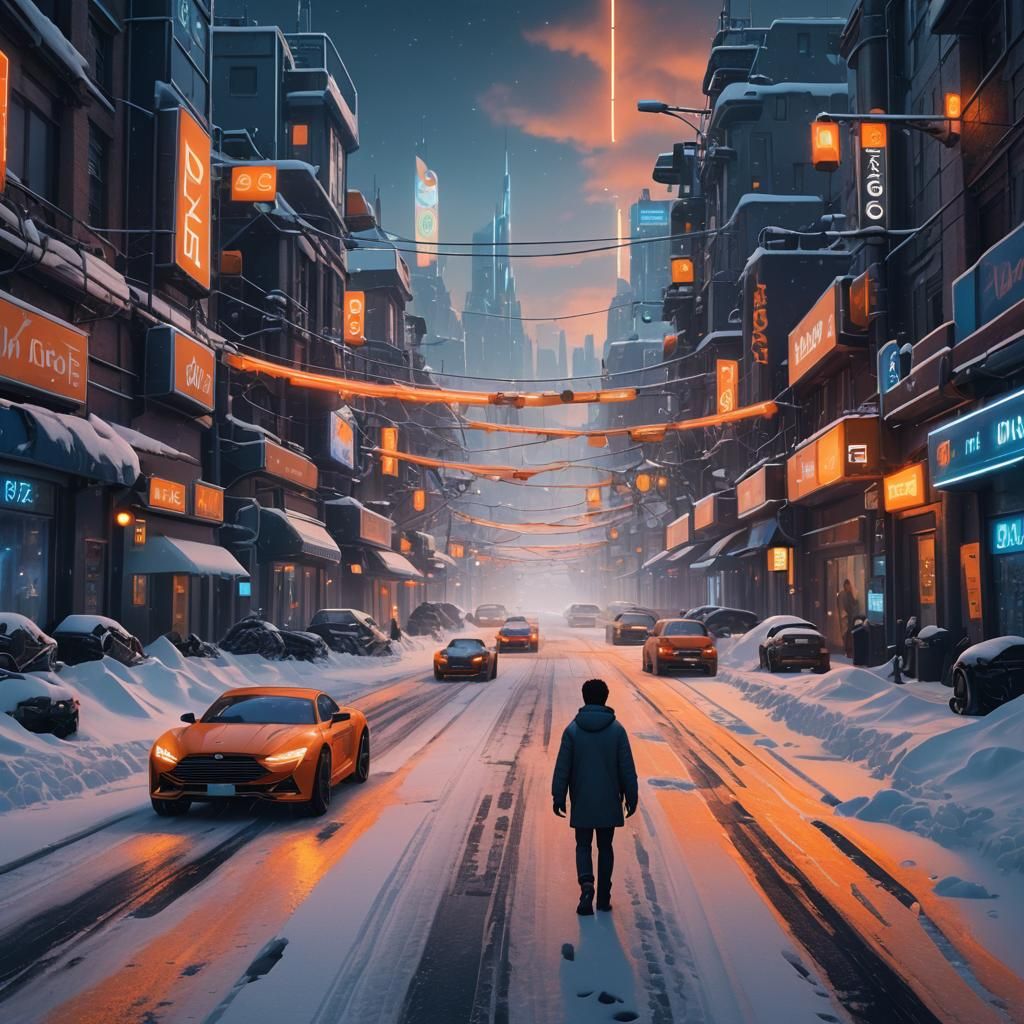 Boy on Snowy Road with Futuristic Cars