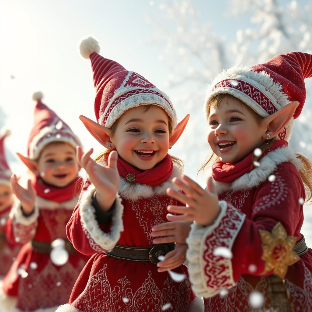 Jolly Elves Frolic in Whimsical Winter Wonderland Scene