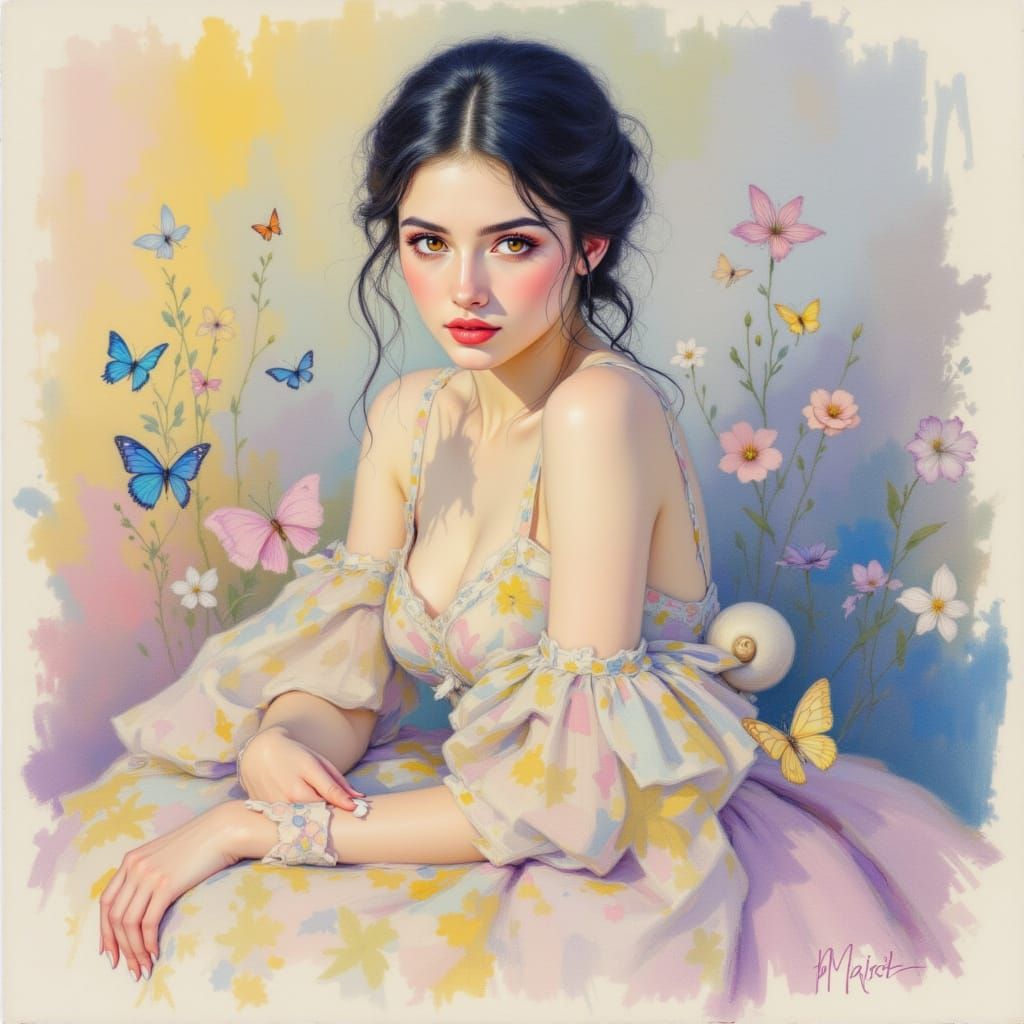 Elegant Woman Surrounded by Whimsical Pastel Butterflies in ...