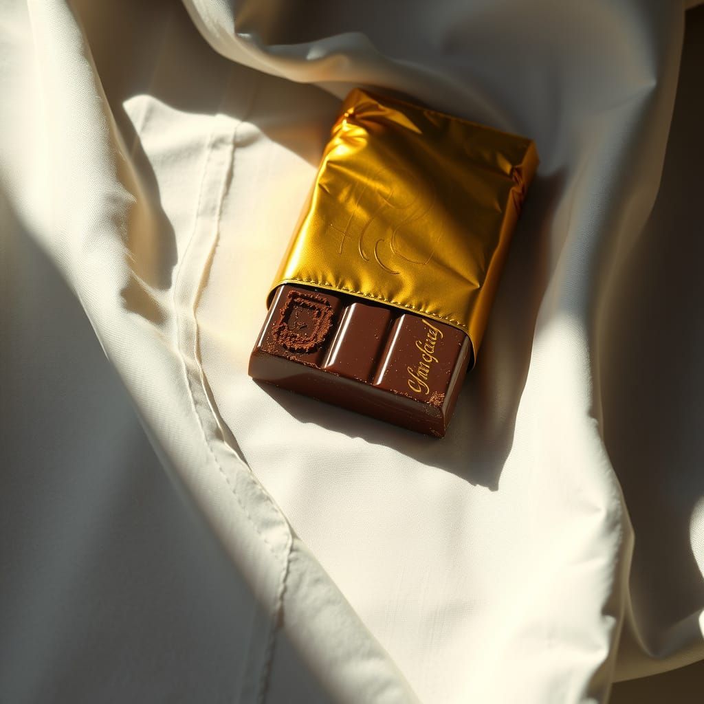Decadent Golden Chocolate Bar on a Crisp White Tablecloth