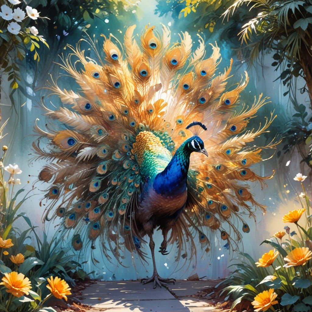 Peacock Strutting: Watercolour Illustration in Griffiths Sty...