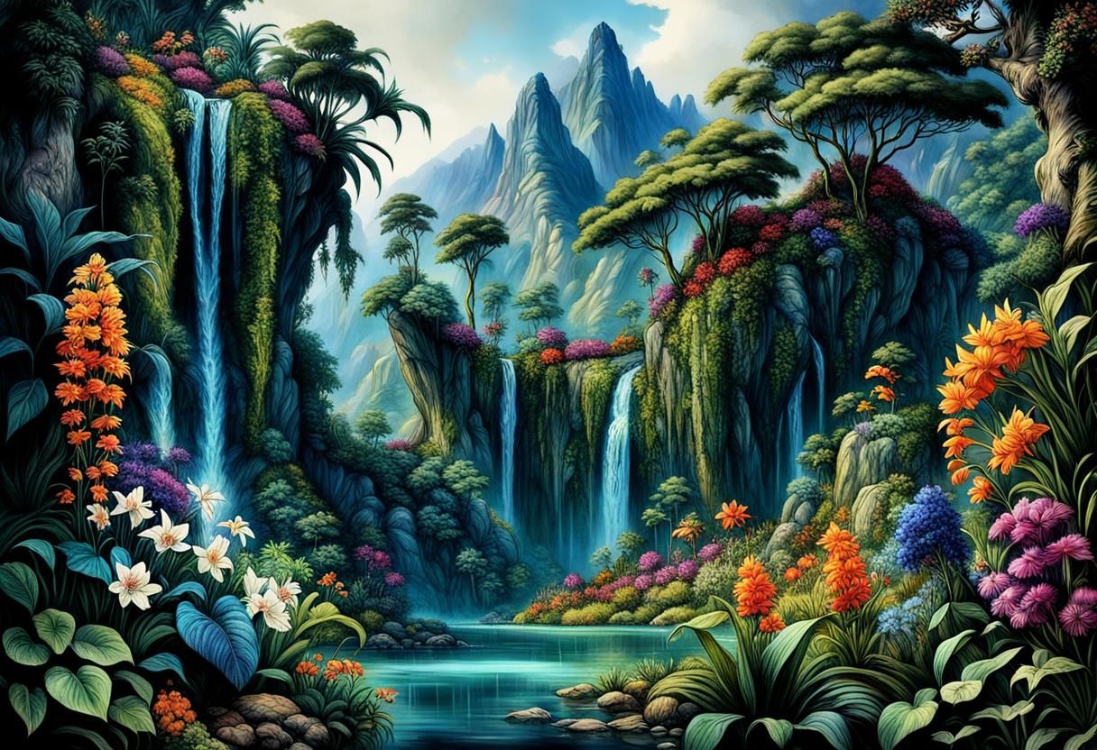 Vibrant Jungle Waterfall in Rackham Style