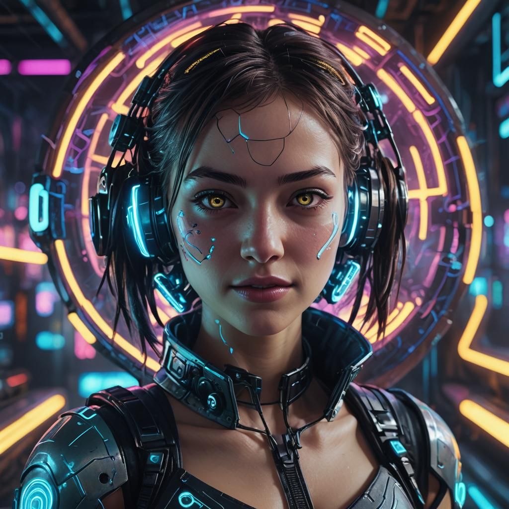 Cyber Punk Fan Girl with Bright Eyes