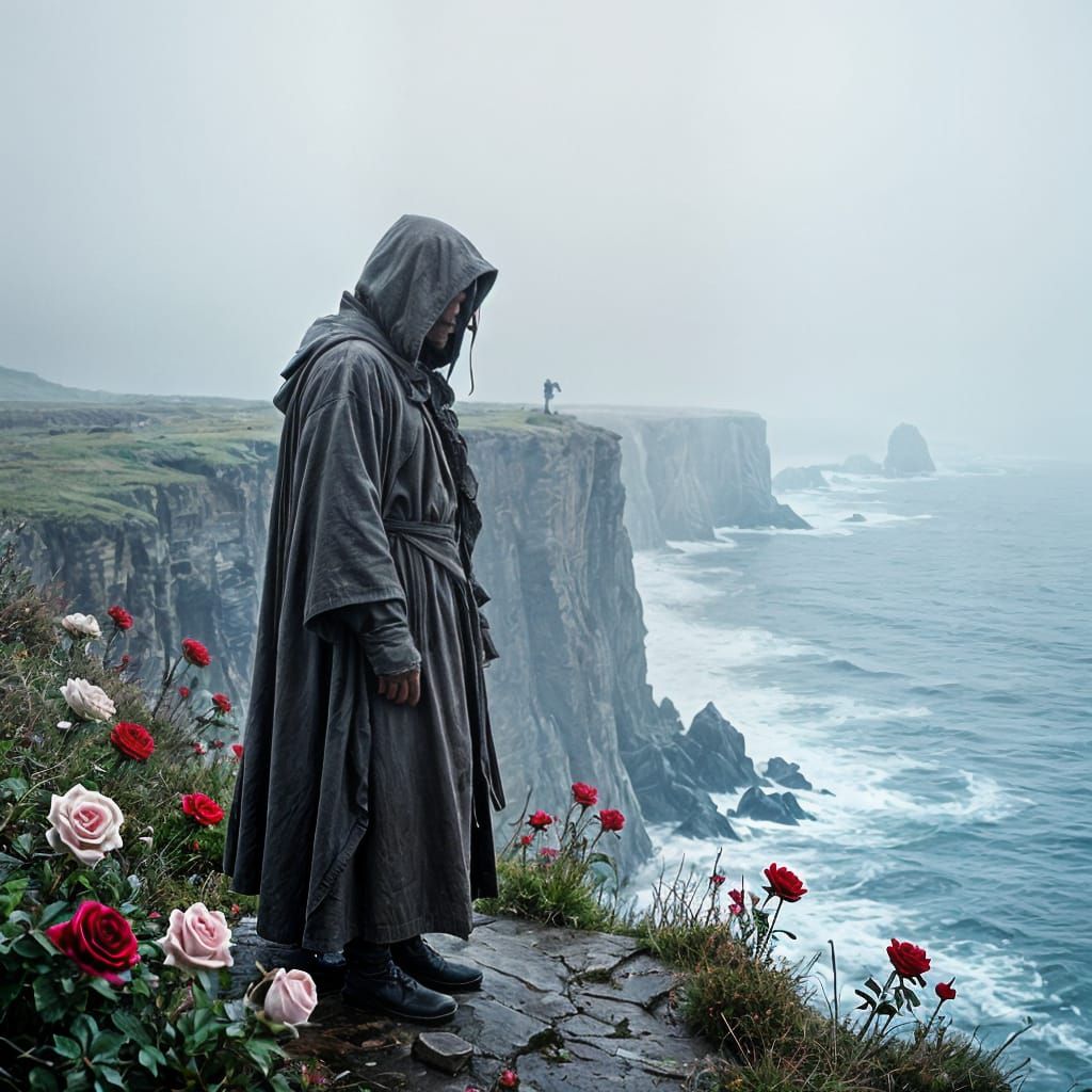 Aged Keeper Overlooking Grey Sea with Roses