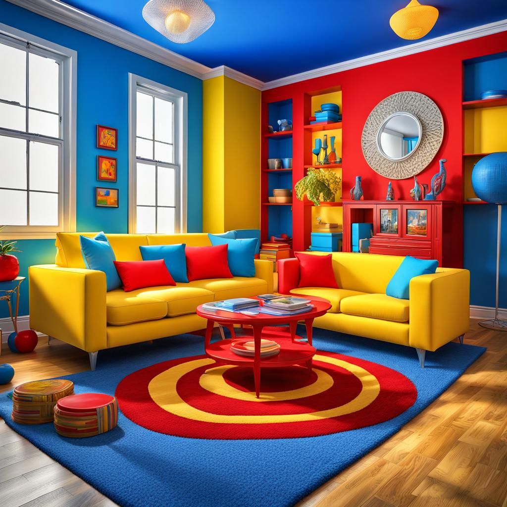 Vibrant Primary Color Living Room in Hyperrealism
