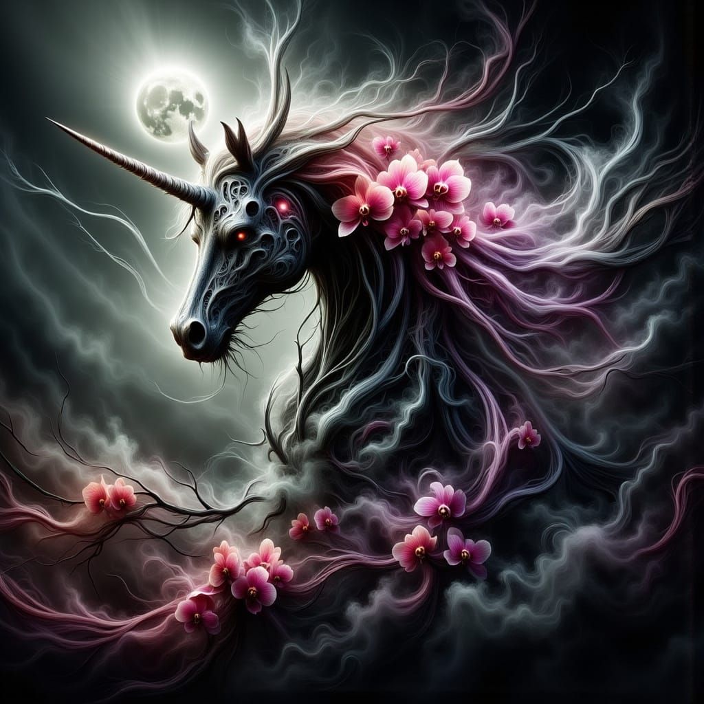 Orchids Overflowing in Unicorn Skeleton