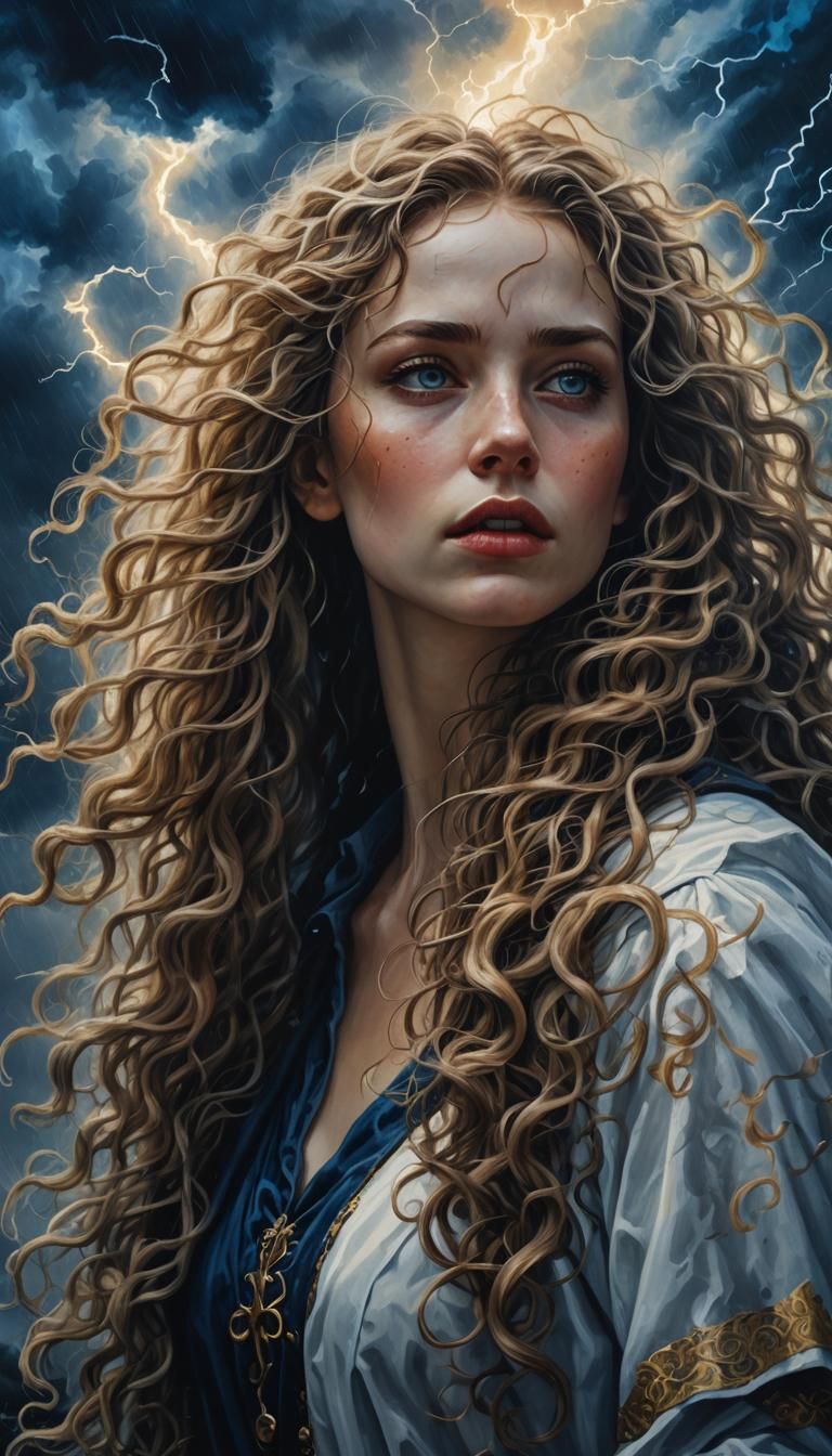 Girl Summons Thunderstorm: Elegant Oil Painting