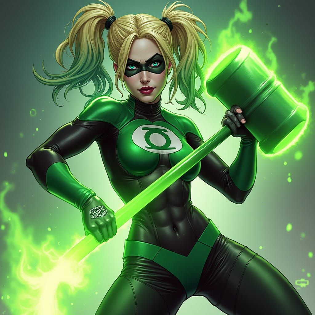 Harley Quinn as Green Lantern with Glowing Hammer