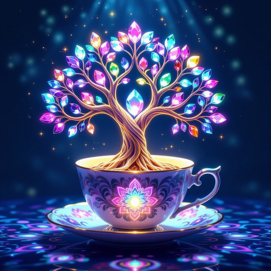 Vibrant Tree of Life with Crystals in Teacup