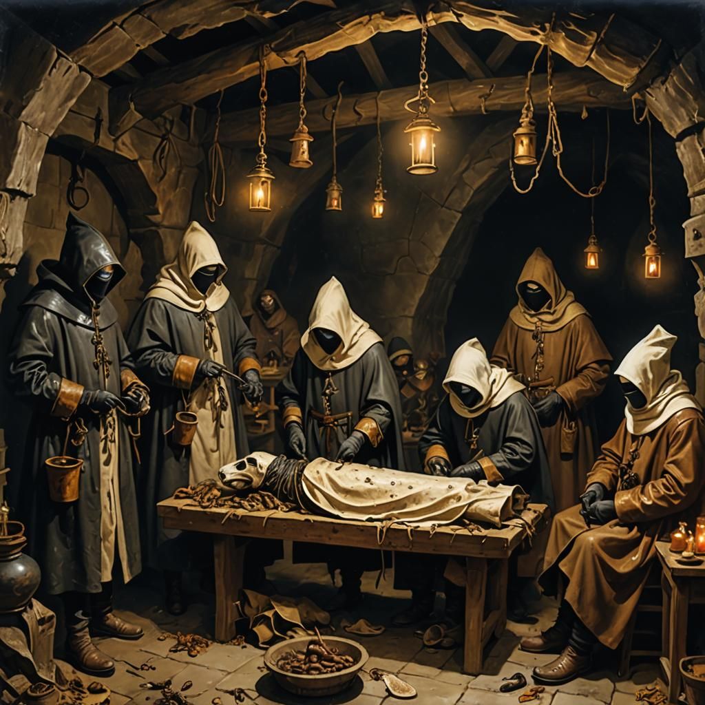Morbid Plague Doctors in Candlelit Cave