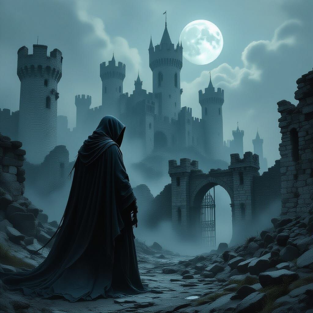 Eerie Faceless Monk Before Ruined Castle in Gothic Horror St...