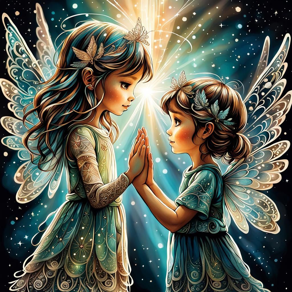Fairy and Angel Holding Hands in Sparkling Light