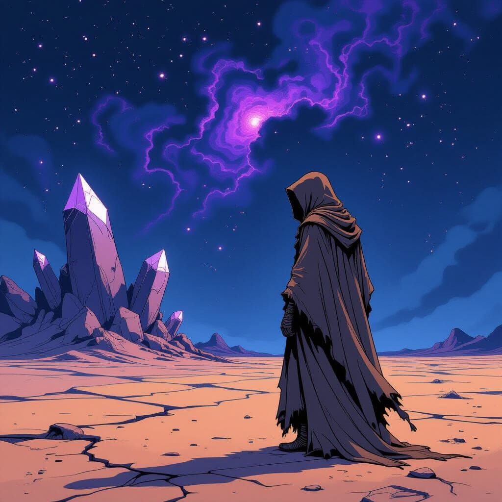 Lone Figure on Windswept Plain Under Nebula Sky