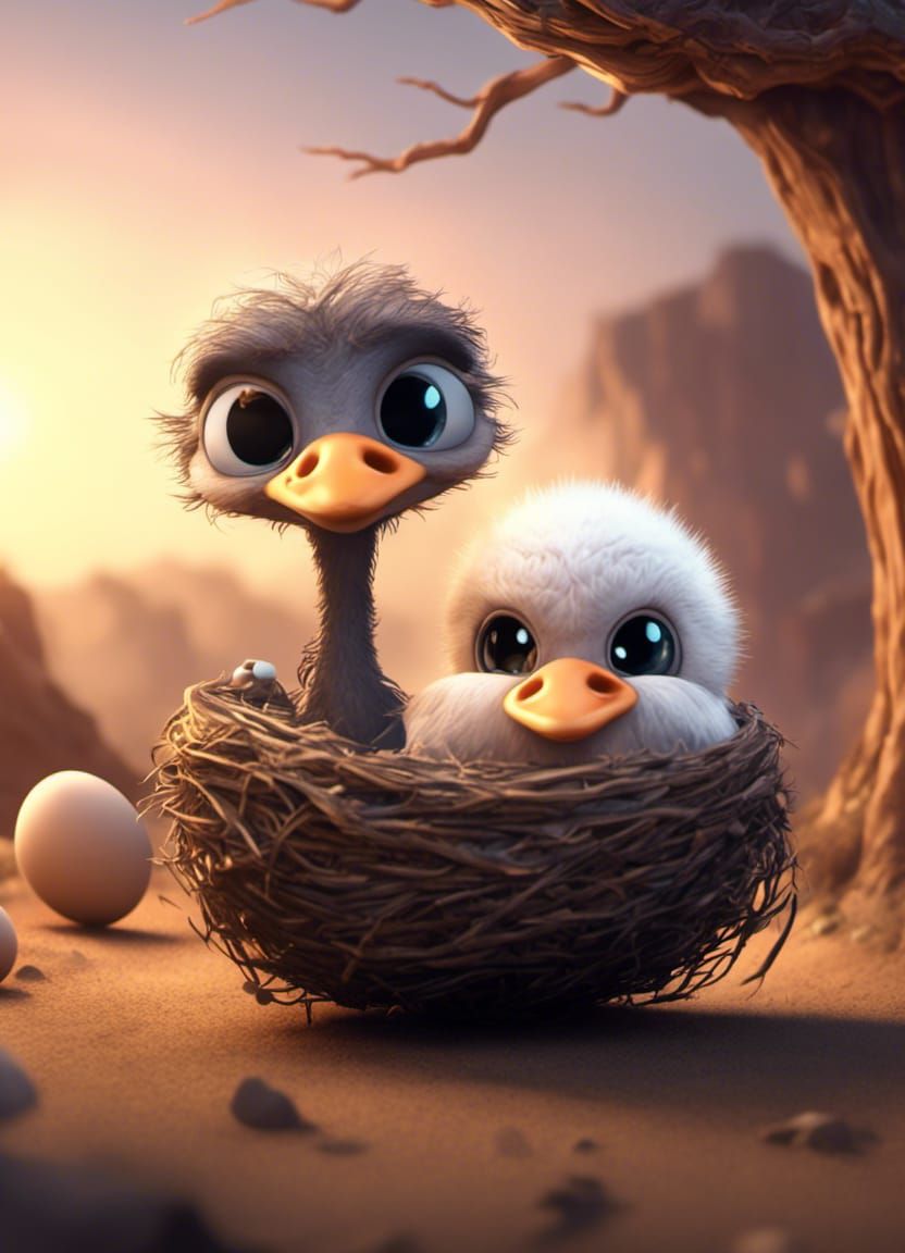 Chibi Ostrich Hatching: Dark Fantasy Concept Art