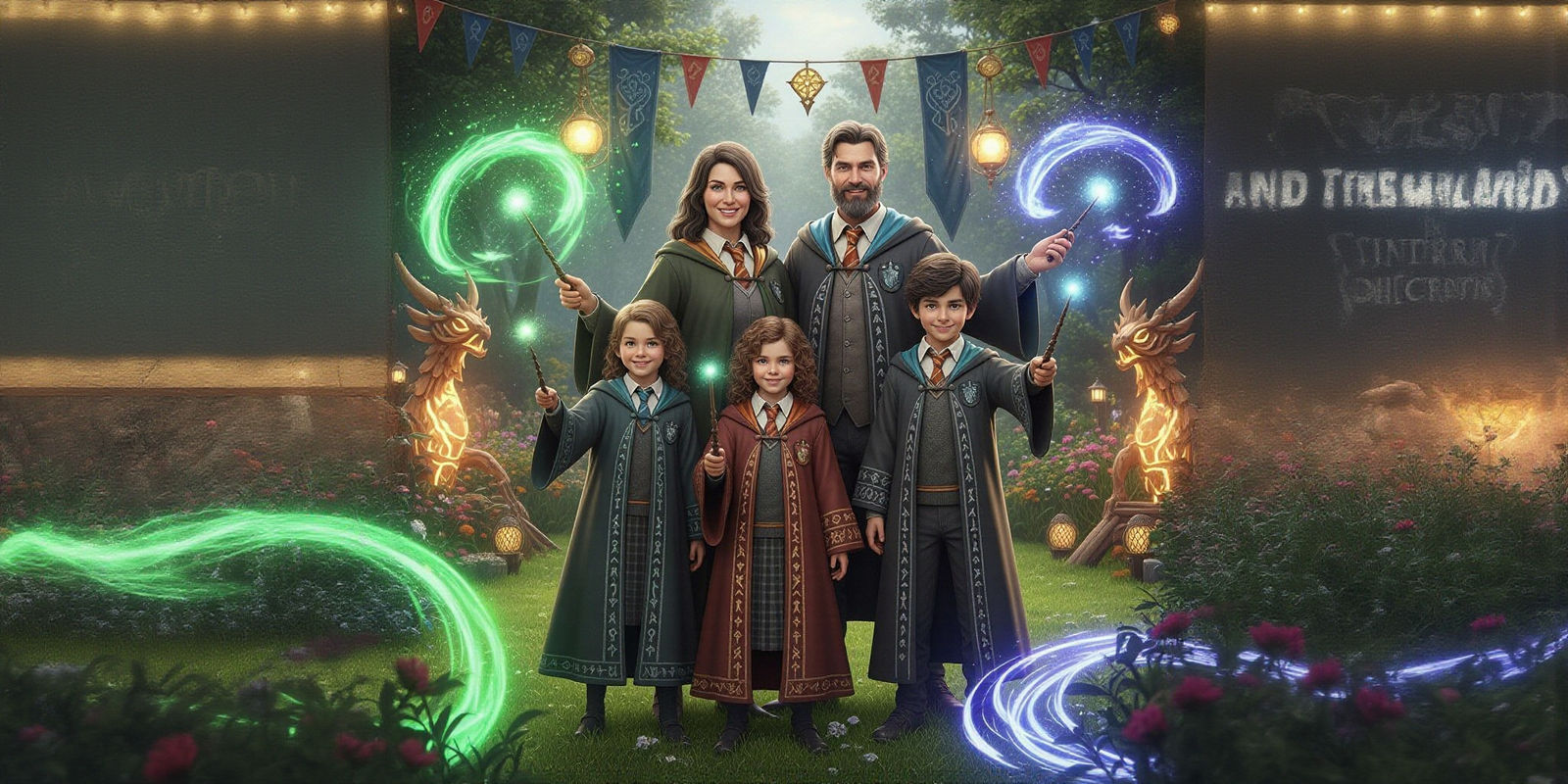 Magical Wizarding Family in Lush Park, Photorealistic