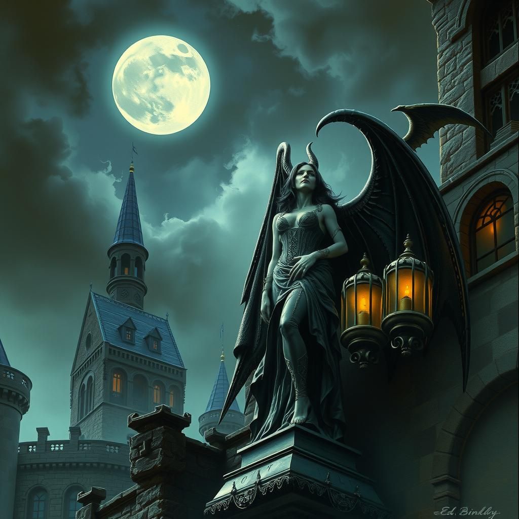 Gothic Woman on Castle Statue in Dark Fantasy Art