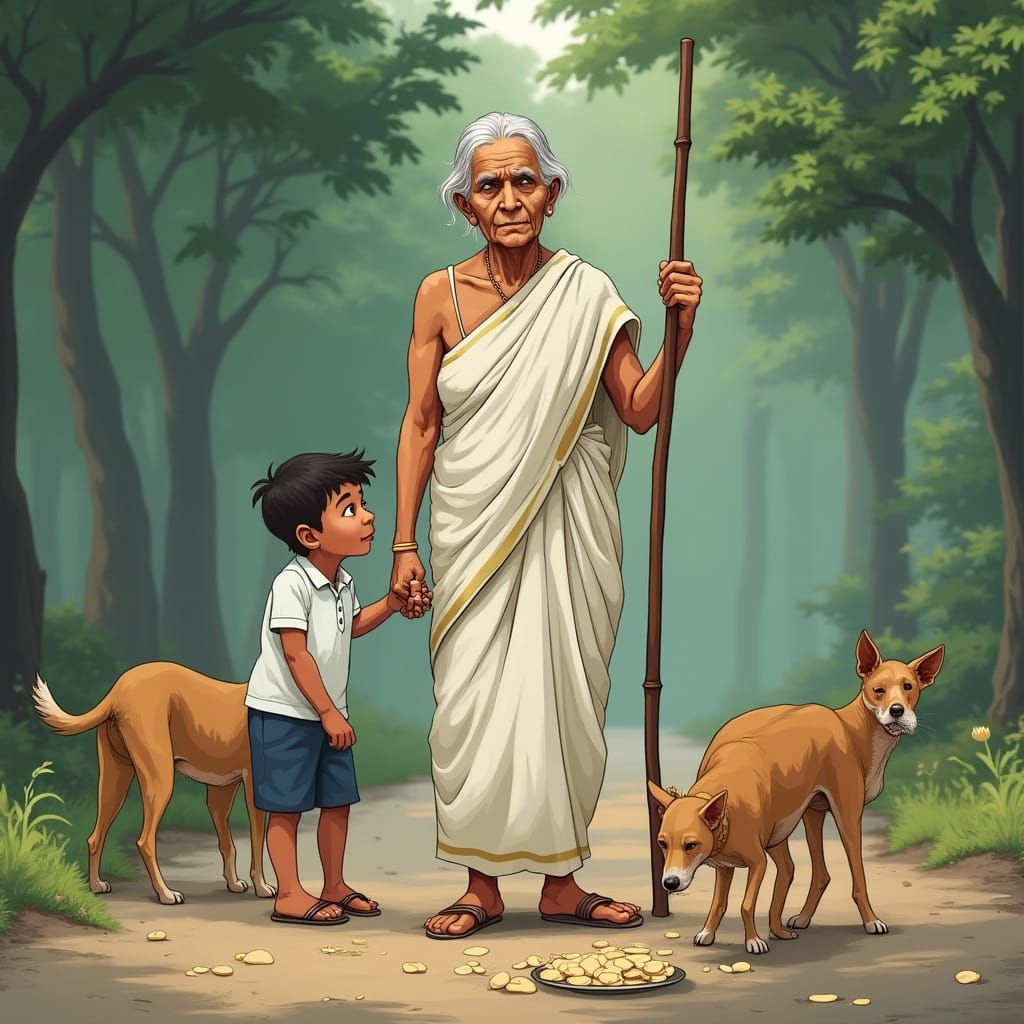 Elderly Woman with Grandchild, Cinematic Style