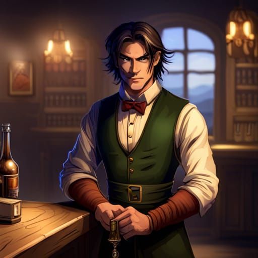 Brooding Elf Bartender in Fantasy Tavern
