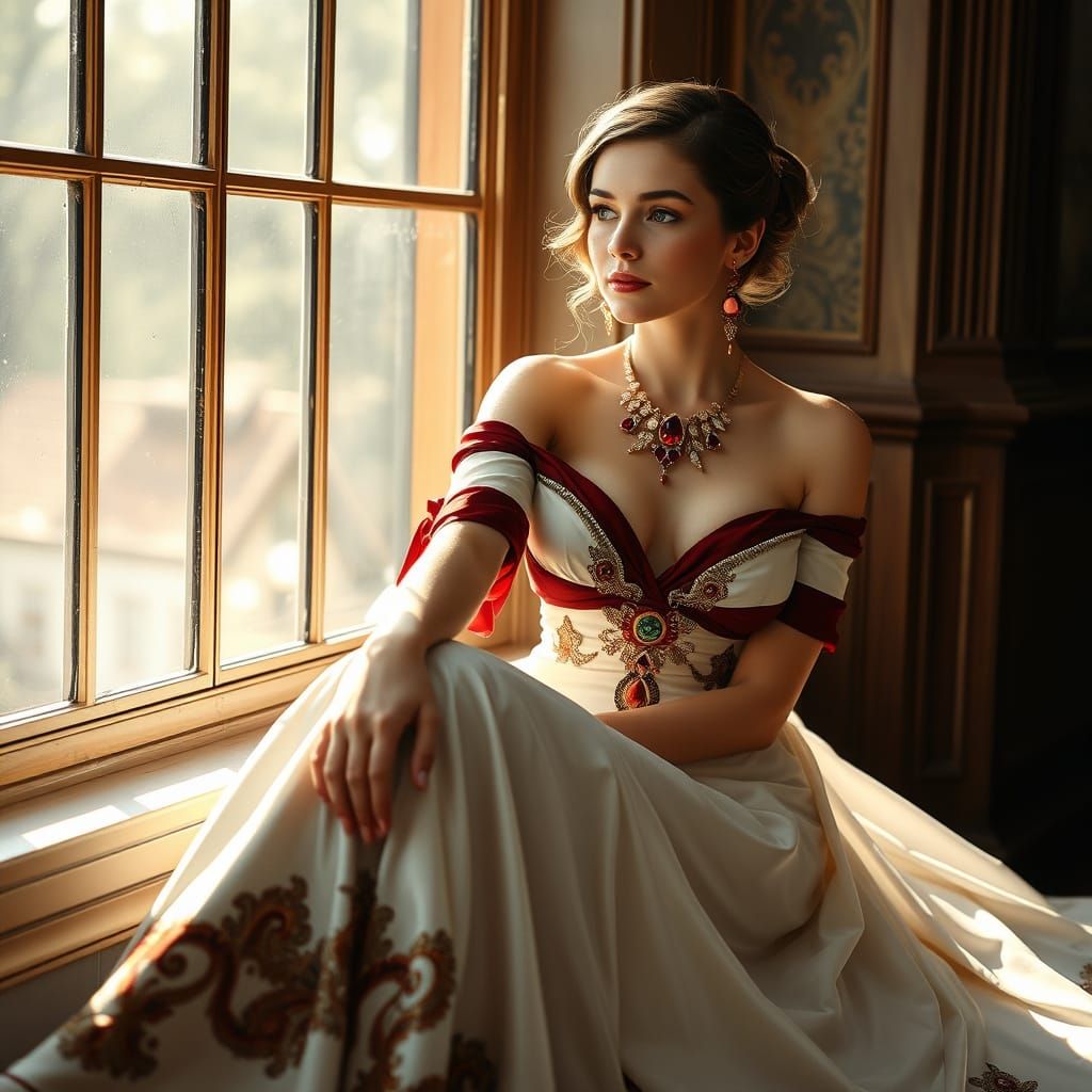 Serene Woman by Sunlit Window in Art Nouveau Style