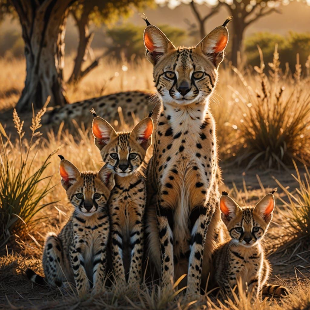 Serval Cat and Kittens in Sunny Savanna