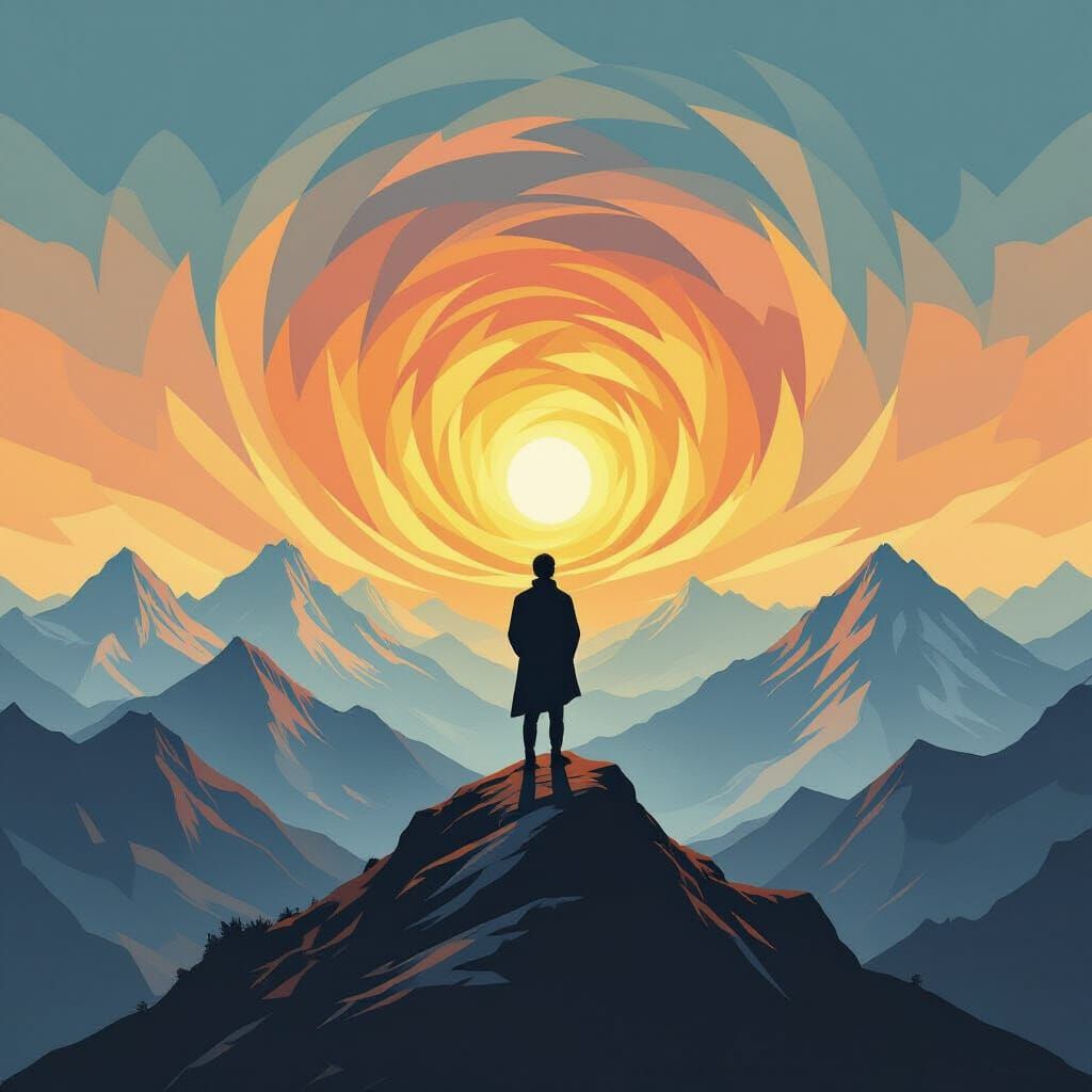 Origami Figure on Mountain Peak in Gouache Style