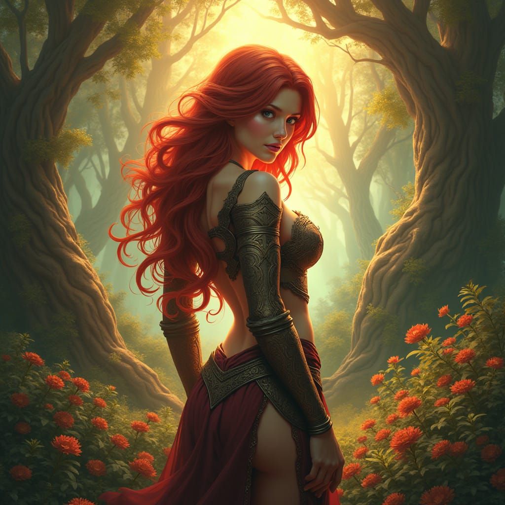 A Curvaceous Woman in Mystical Armor, amidst Golden Light