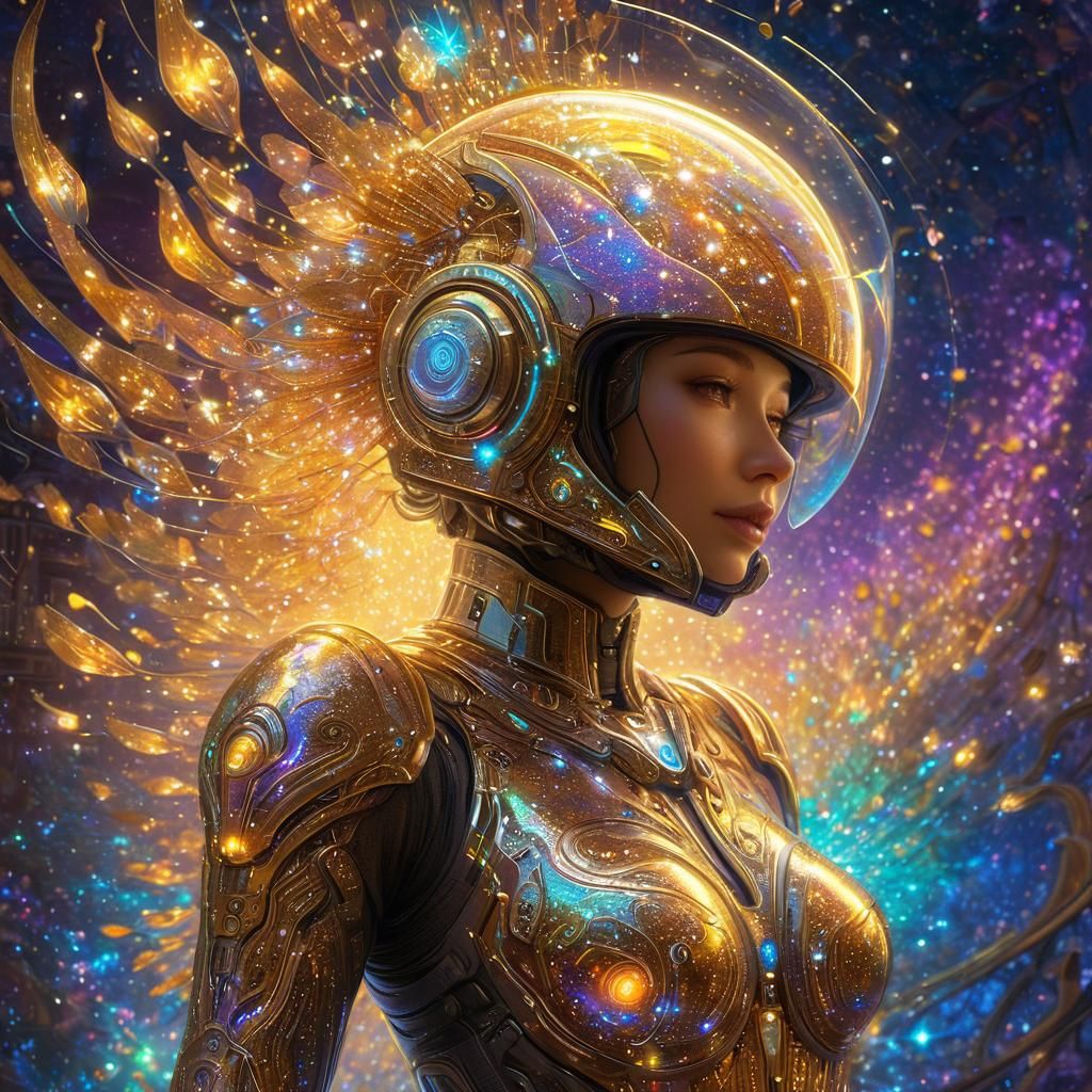 Cyberpunk Astronaut Soaring Through Floral Galaxy