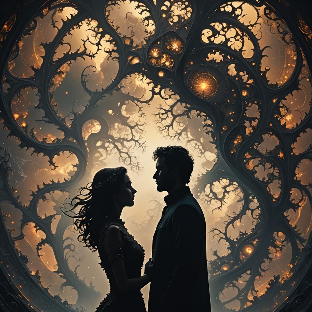 Silhouette Art: Man and Woman in Fractal World