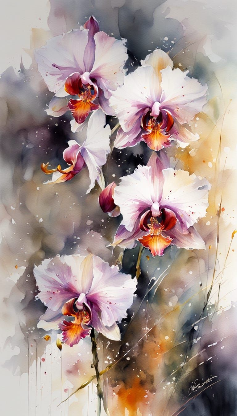 Orchid in Oriental Style Watercolor with Soft Mist