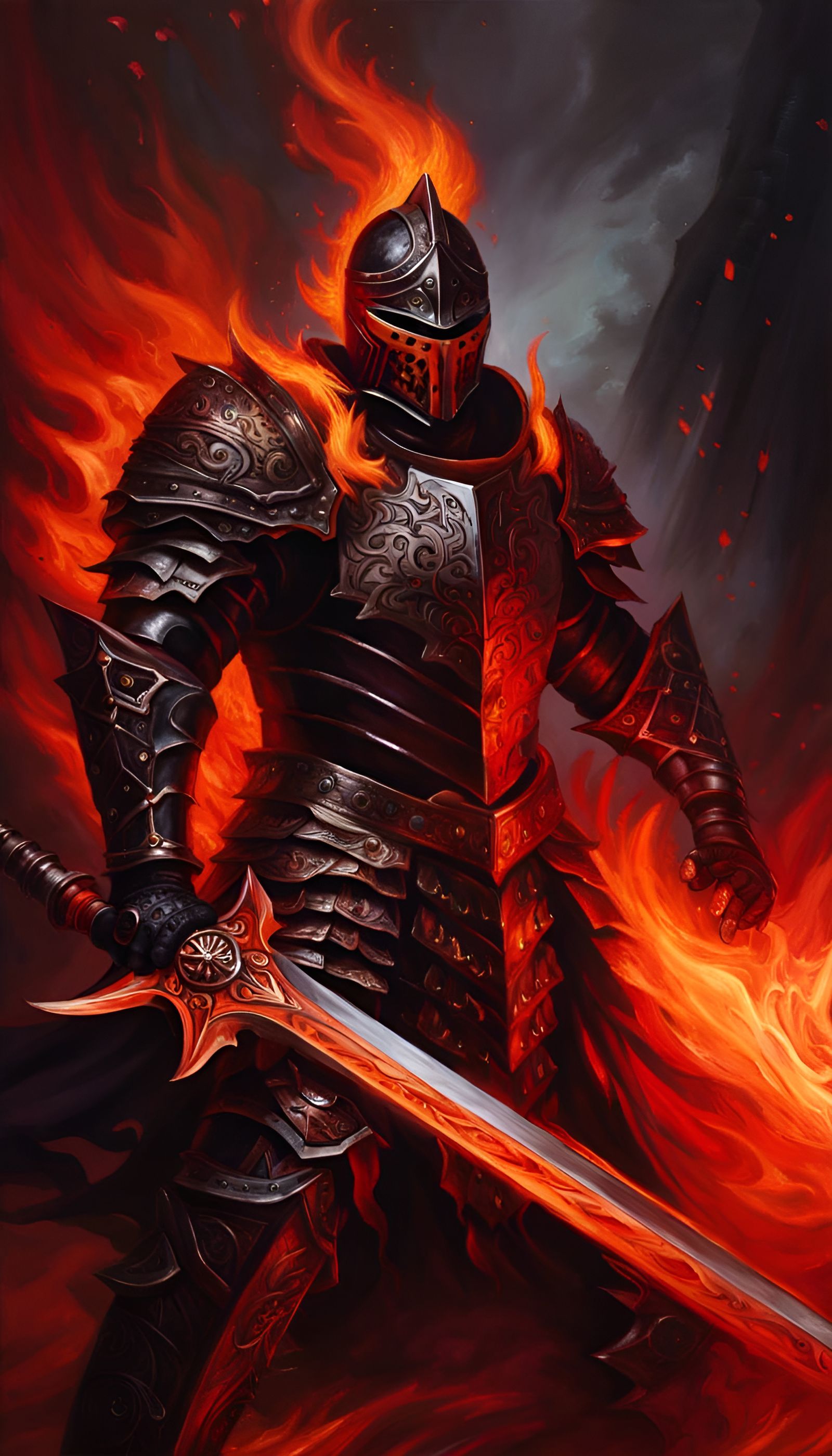 Burning Knight with Fiery Sword in Oil Painting