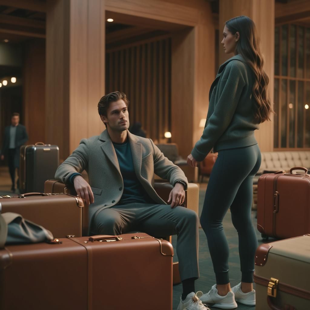 Cinematic Hotel Lobby Scene with Man and Woman