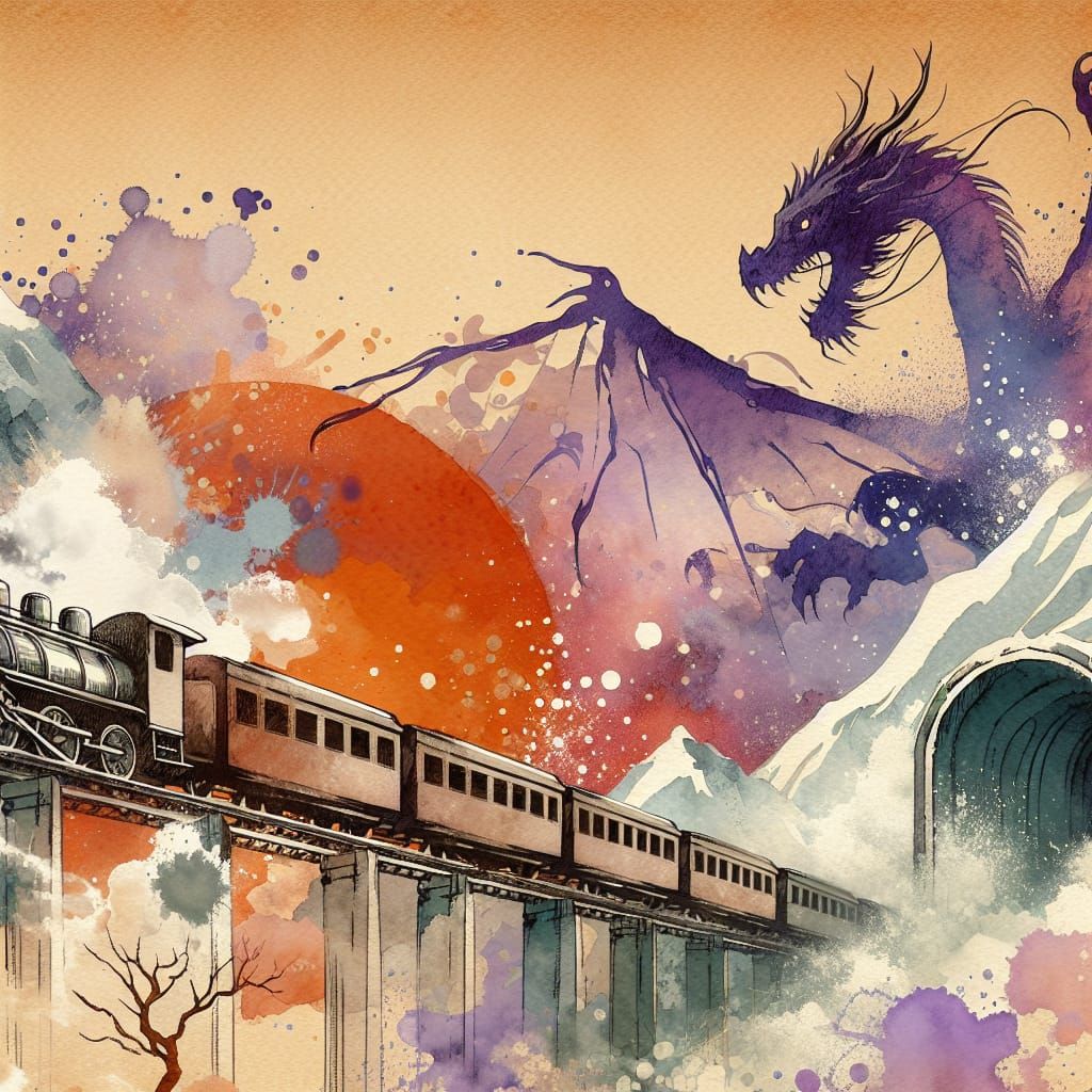 Floating Train to Snowy Mountain: Japanese Art Illustration