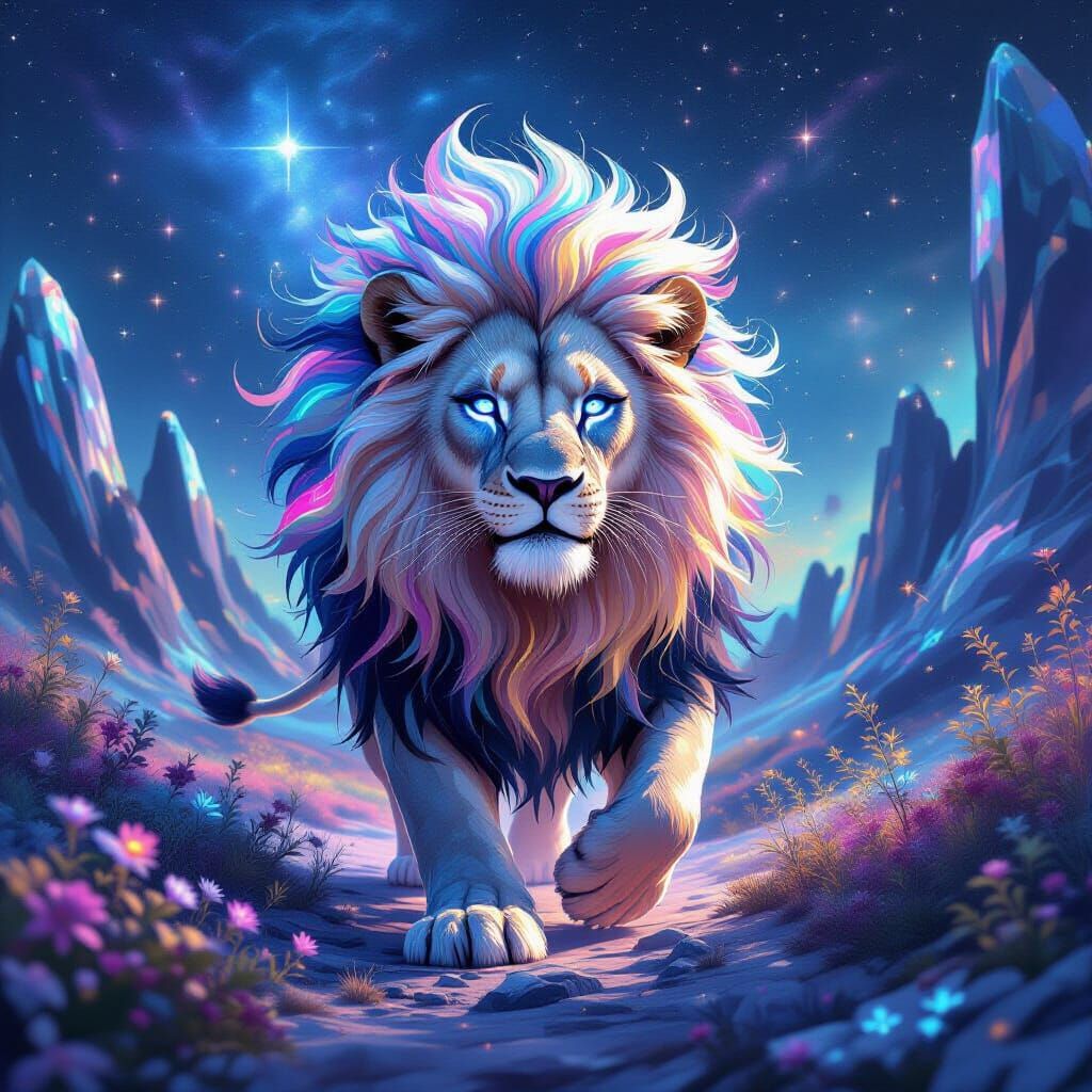 Celestial Lion Prowling Crystalline Landscape
