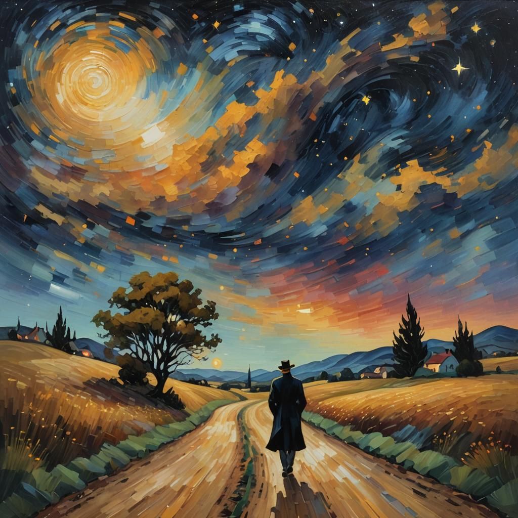 Impressionist Figure Under Starry Night Sky