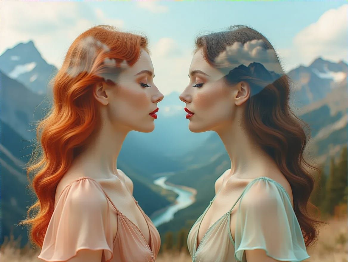 Tender Double Exposure of Lovers Amidst Breathtaking Landsca...