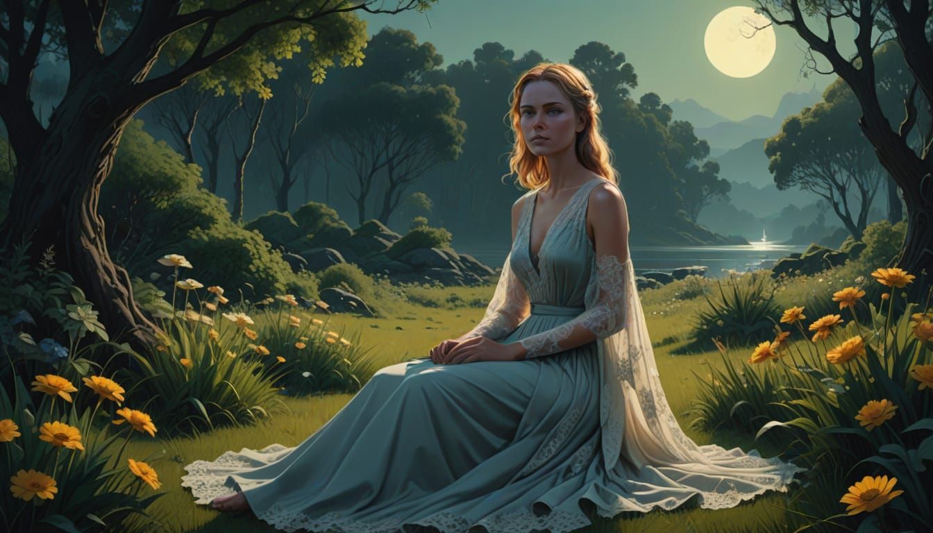 Serene Woman in Moonlit Garden, in 3D Futuristic Realism Sty...