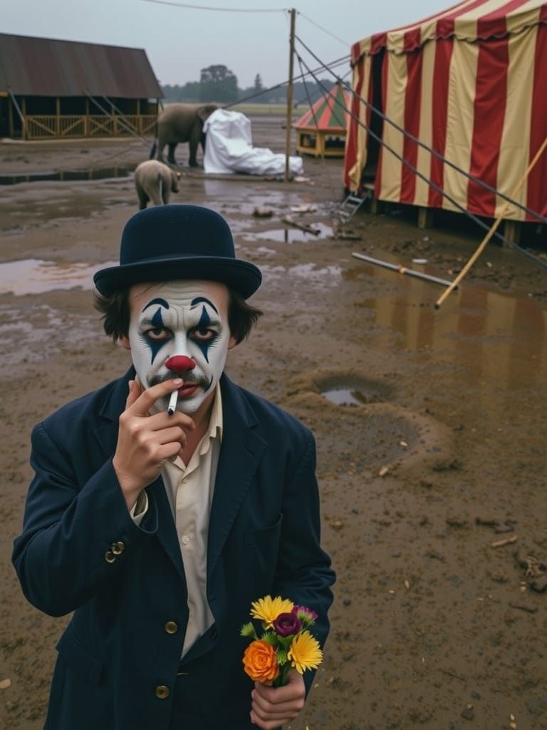 Melancholic Clown in Desolate Circus Lot