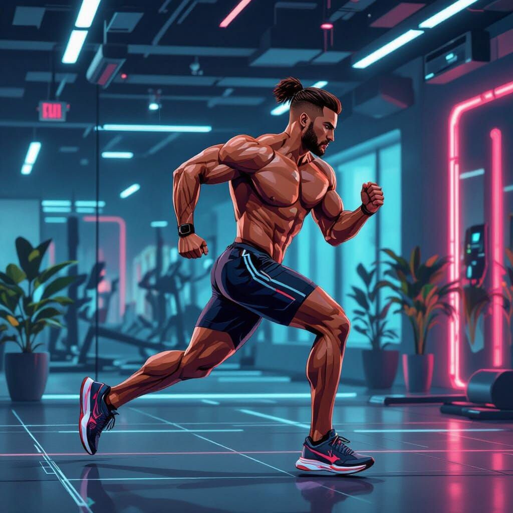 Muscular Man Running in Futuristic Fitness Studio