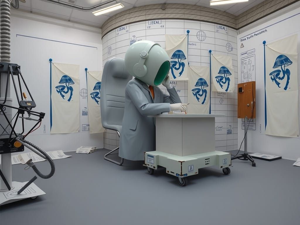 Hyperrealist Bureaucrat Surrounded by Mushroom Prints and Bl...