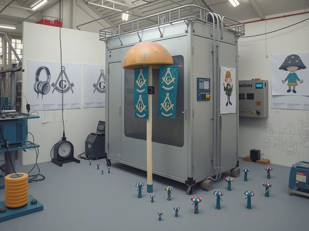 Giant Linocut Mushroom Sculpture in Bureaucratic Maze