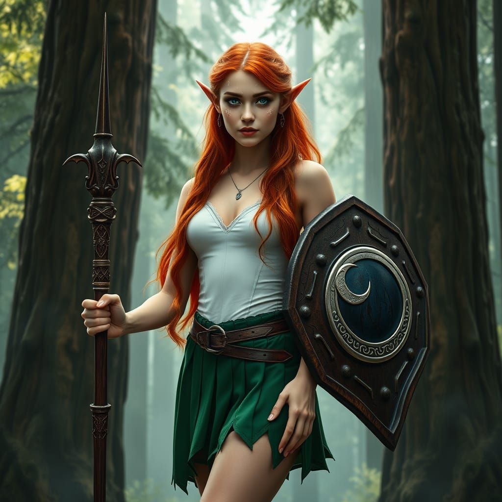Elven Woman with Magic Staff in Redwood Forest