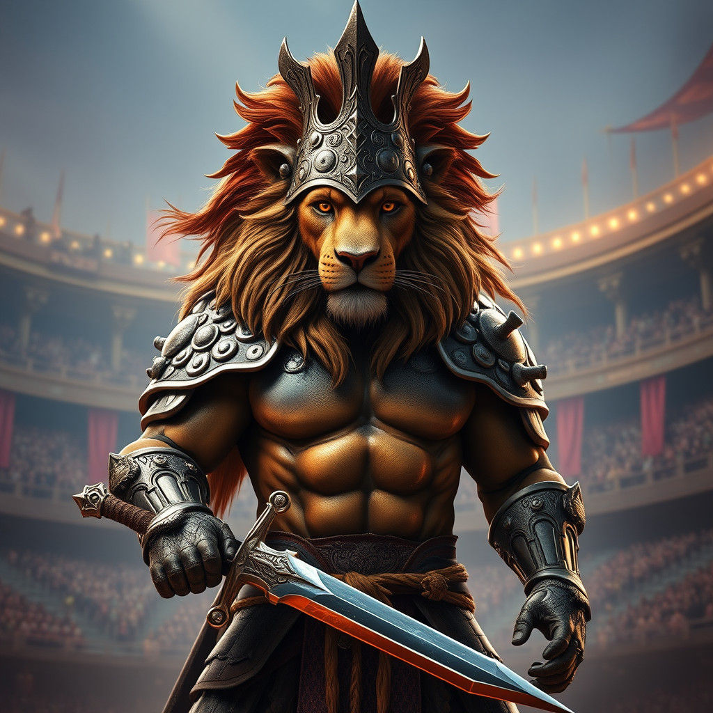 Armored Lion in Gladiatorial Arena: Fantasy Concept Art