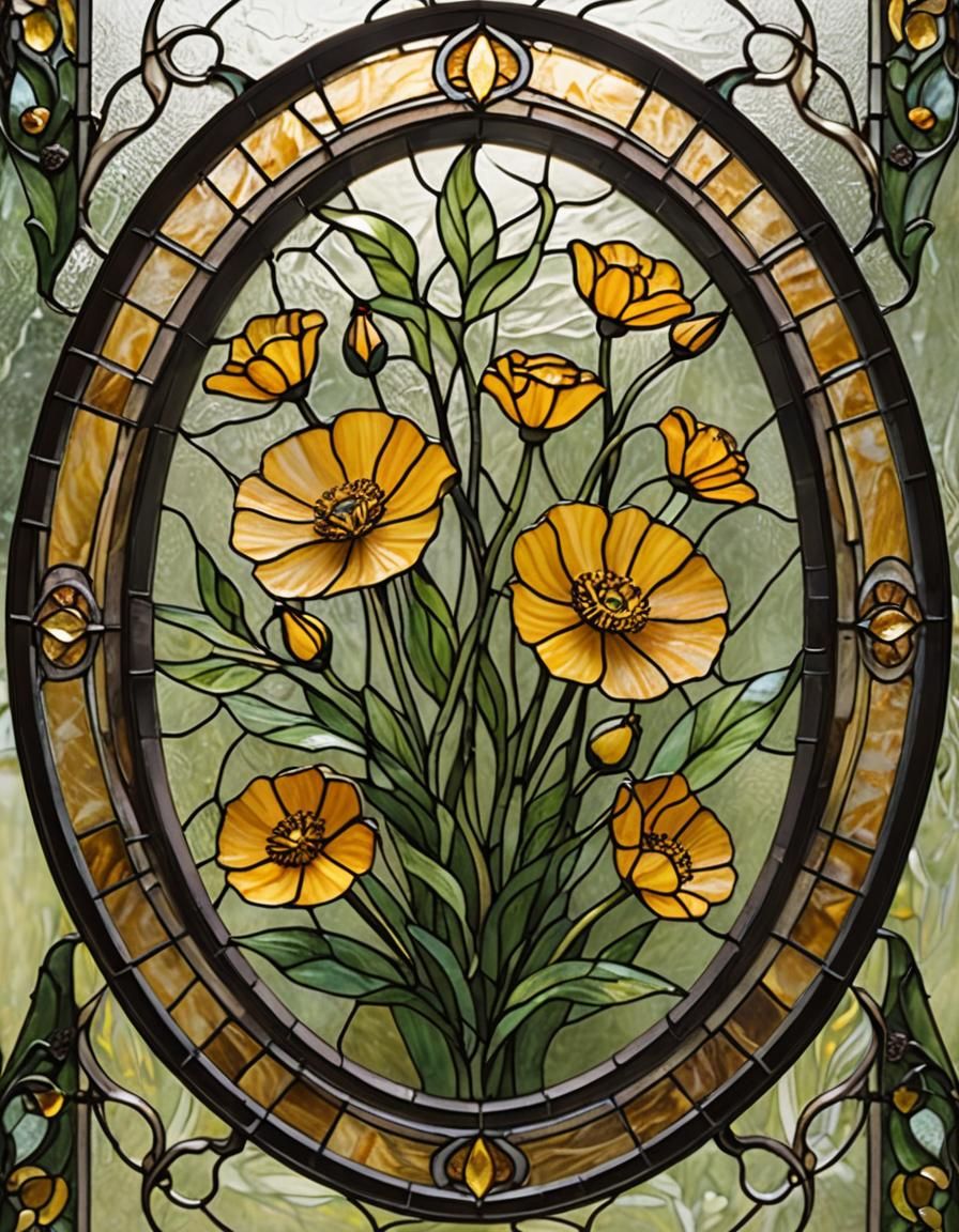 Stained Glass Persian Buttercup in Oval Frame