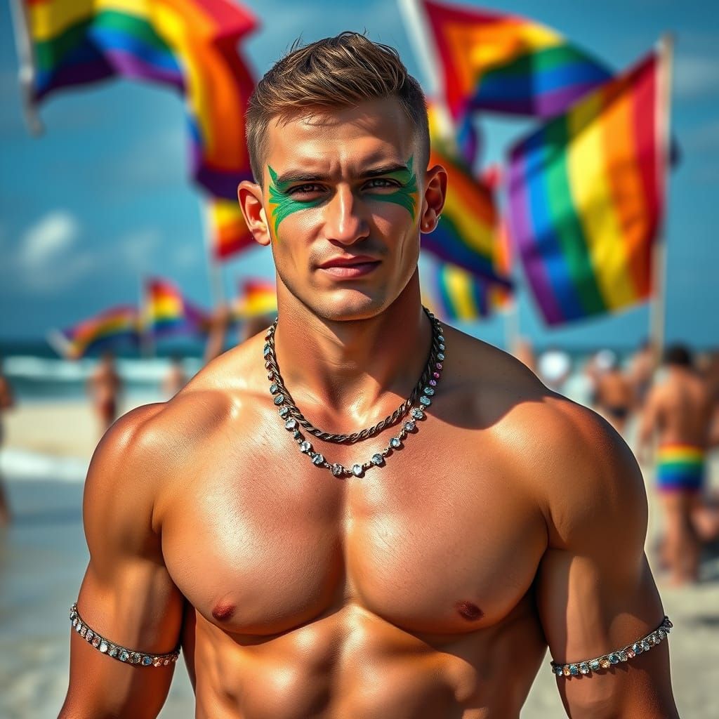 Confident Muscular Man with LGBTQ Pride on Beach