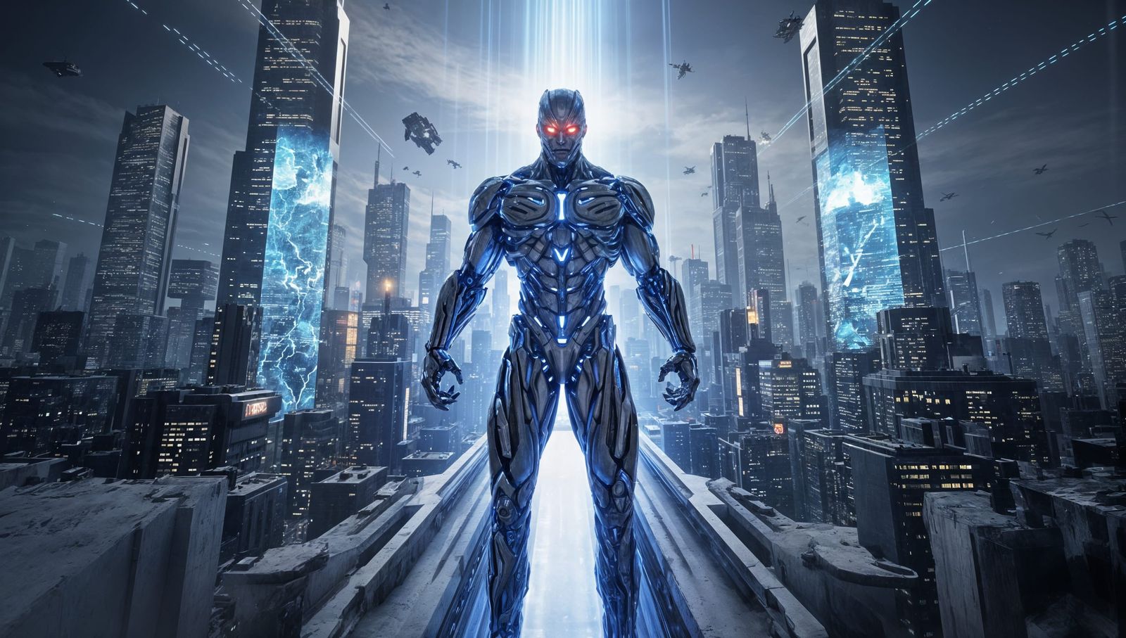 Godlike AI Entity of Raw Power in High-Tech City